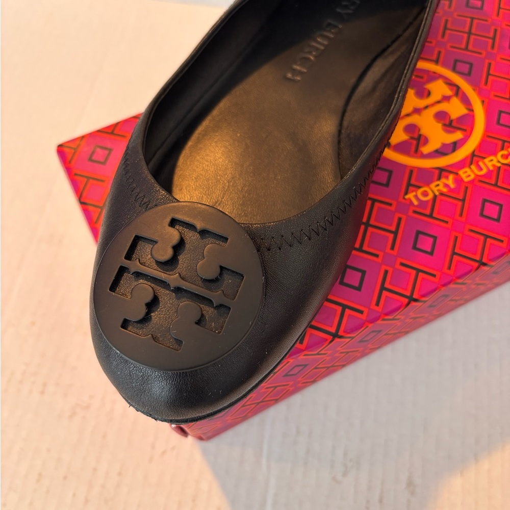 Tory Burch Black Minnie Travel Ballet with Powder Coated Logo w/Box